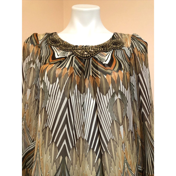 TRAVELSMITH Sheer Brown Feather Animal Print Beaded Collar Tunic Blouse Small - Picture 2 of 9